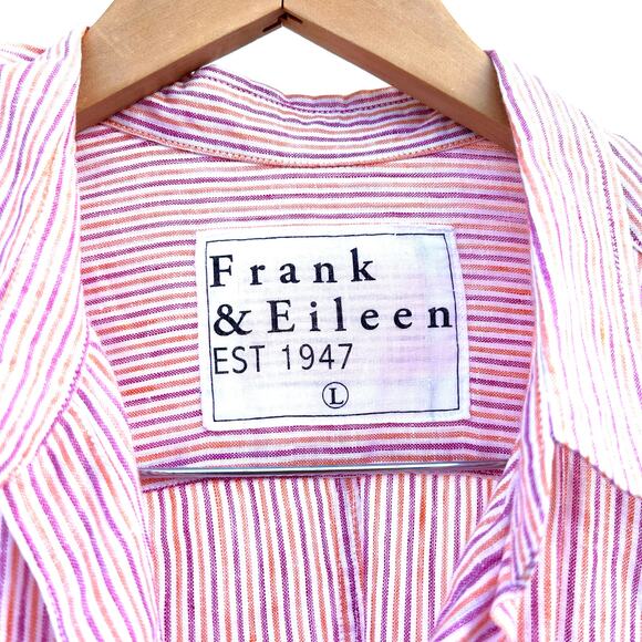 Frank & Eileen Barry Linen Striped Button Up Shirt Top Pink White Large Yellow - Picture 3 of 7